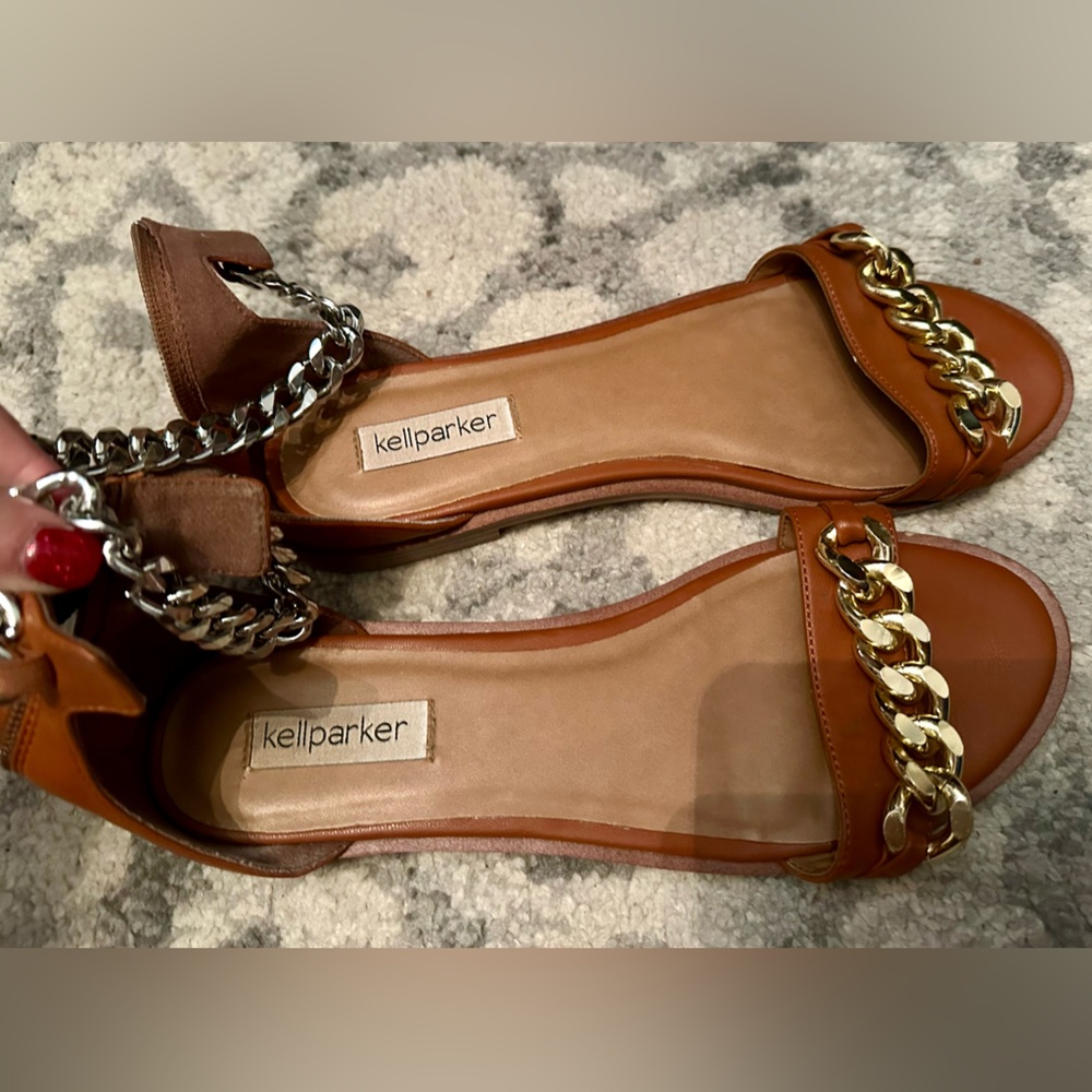 Kell Parker brown sandals with gold and silver chains. Women’s sizes 10